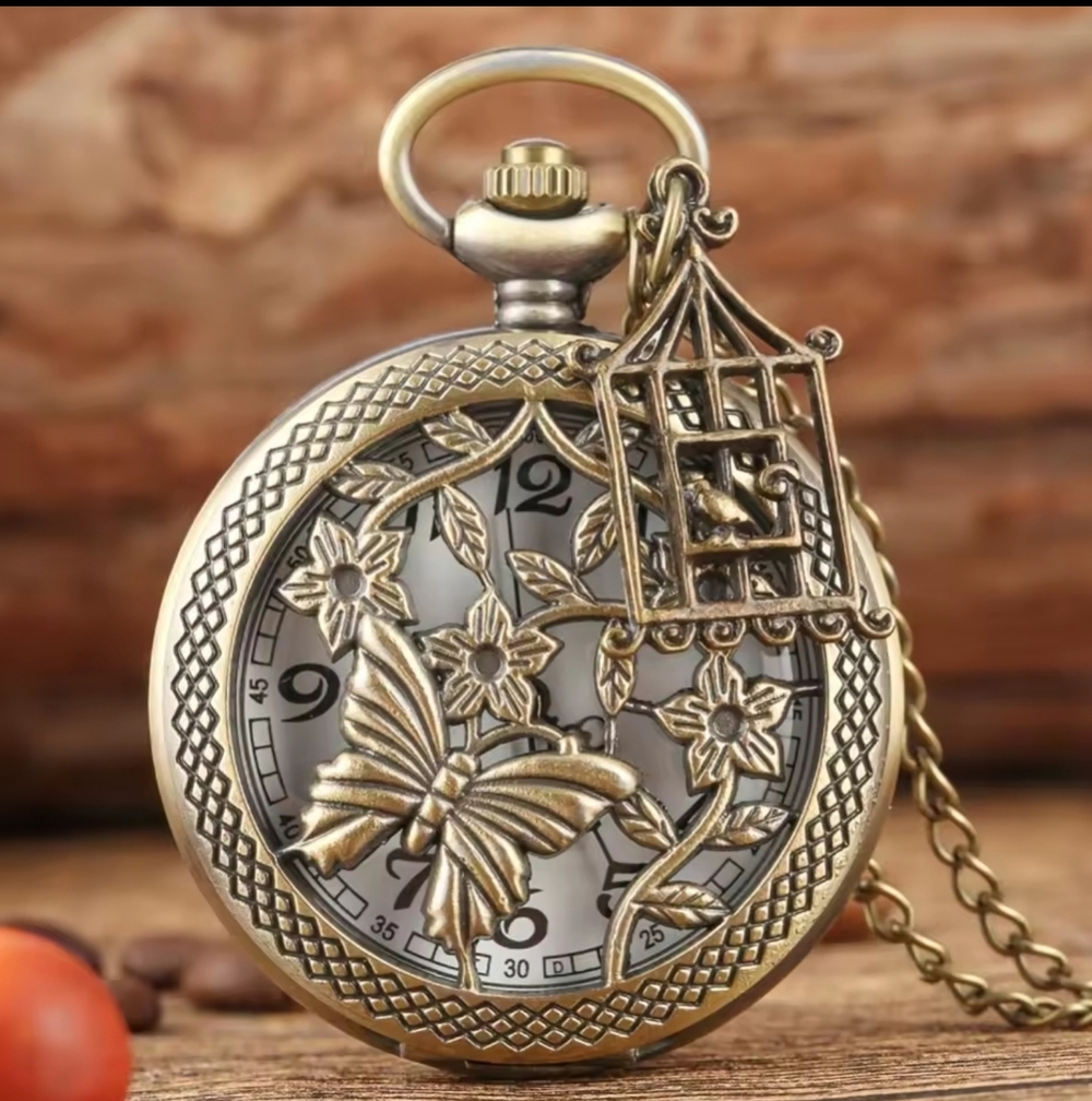 Vintage Butterfly Pocket Watch with Birdcage Charm